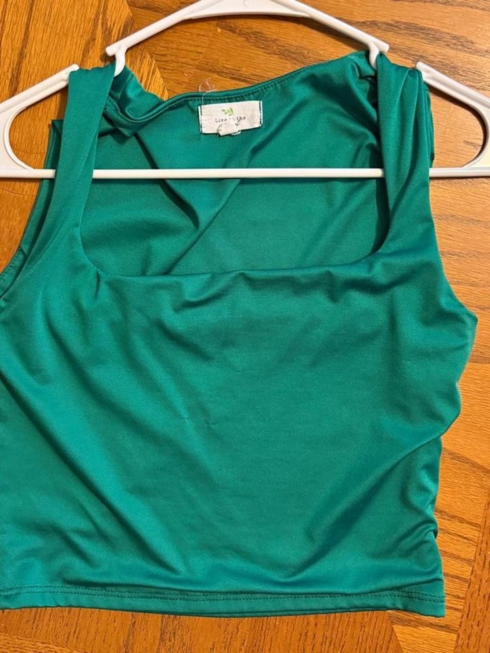 Green medium satin cropped square neck tank top